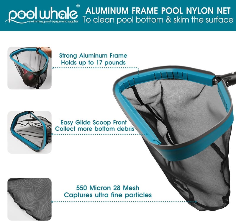 POOLWHALE Swimming Pool Cleaning Kit - Aluminum Frame Skimmer Net with 10Ft Adjustable Pole & 17.5” Pool Brush Head, Pools Maintenance Kits for Inground & Above Ground Swimming Pools, Removes Debris - Image 3